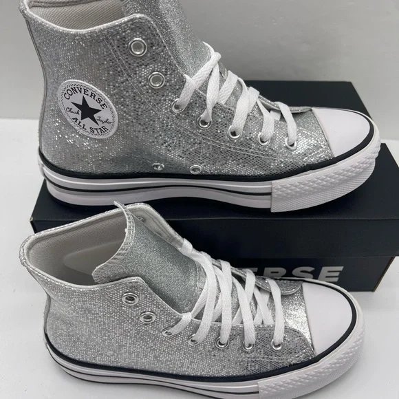 Converse CTAS EVA LIFT HI Chuck Taylor All Star High Top Sneakers Silver Glitter - Picture 2 of 16